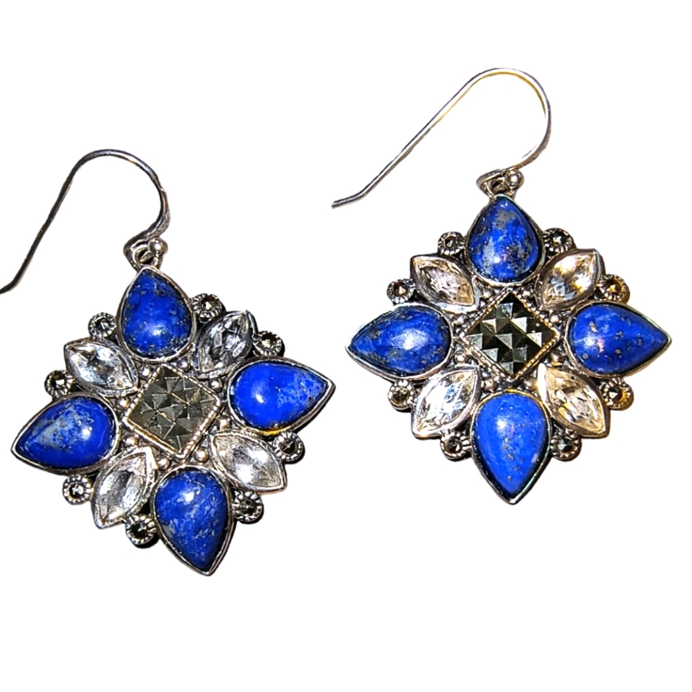 Lapis, White Topaz, Marcasite & Sterling Silver 925 Earrings Designer